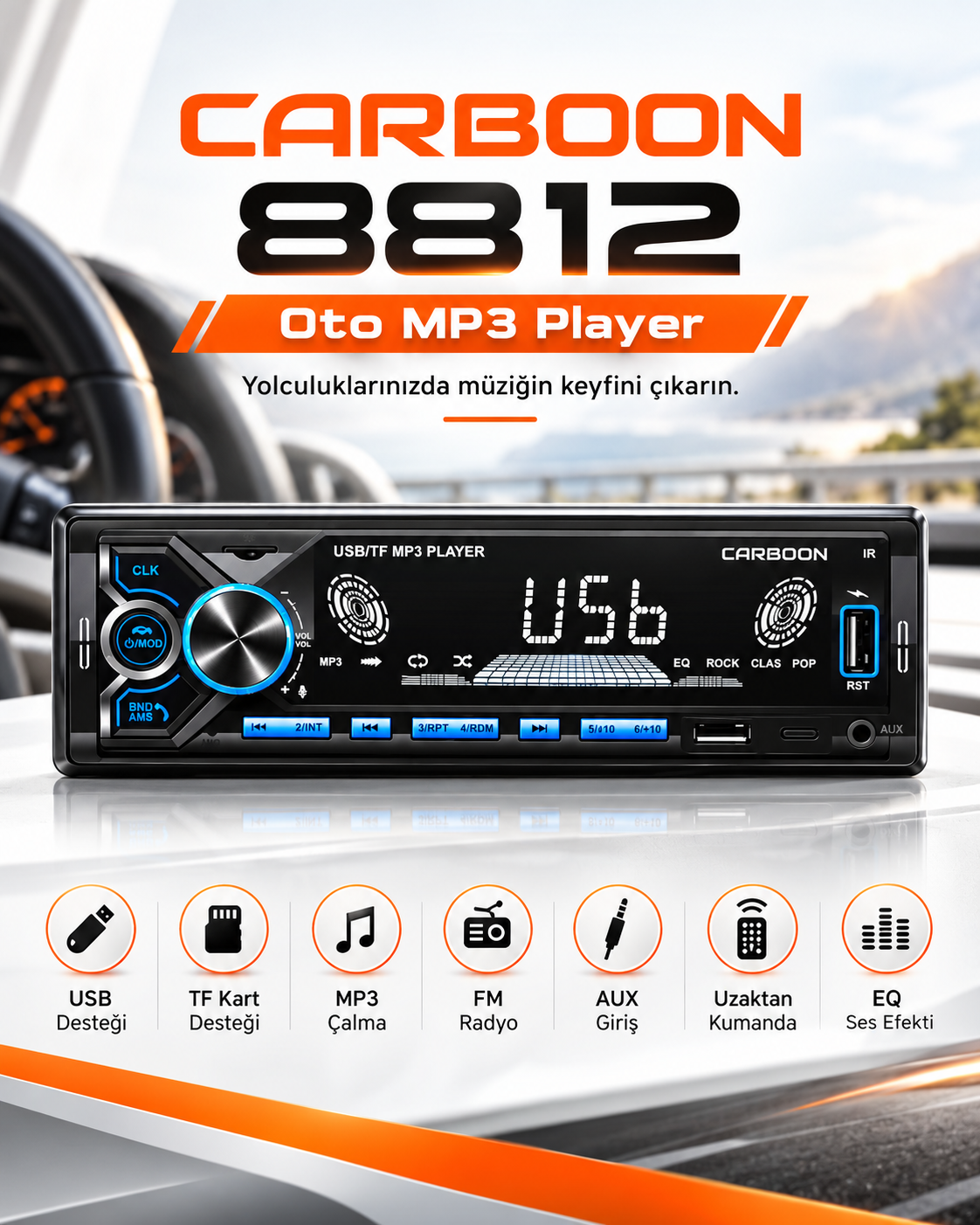 CARBOON 8812 USB TF Kart Destekli MP3 Çalar Oto Teyp FM Radyo AUX Girişli Uzaktan Kumandalı