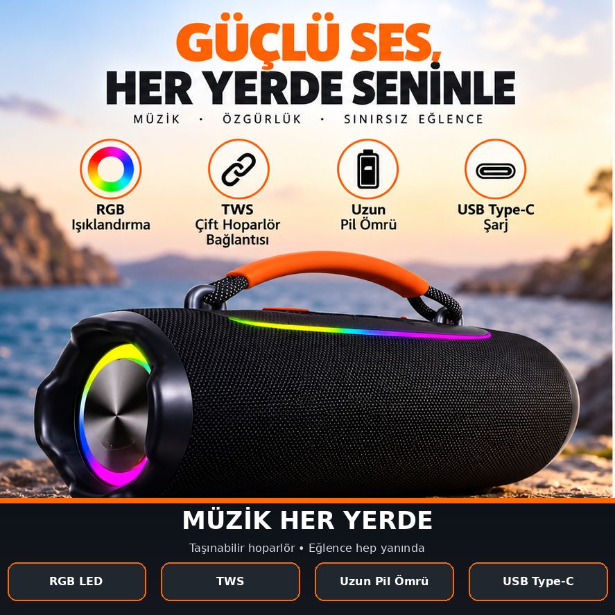 BOOMSBOX6 MINI LED RGB Işıklı Taşınabilir Bluetooth Hoparlör TWS Destekli Type-C Şarjlı