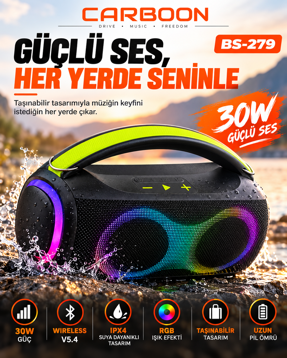 CARBOON BS-279 30W Bluetooth 5.4 Taşınabilir Hoparlör RGB LED Işıklı IPX4 Suya Dayanıklı Kablosuz Ses Sistemi