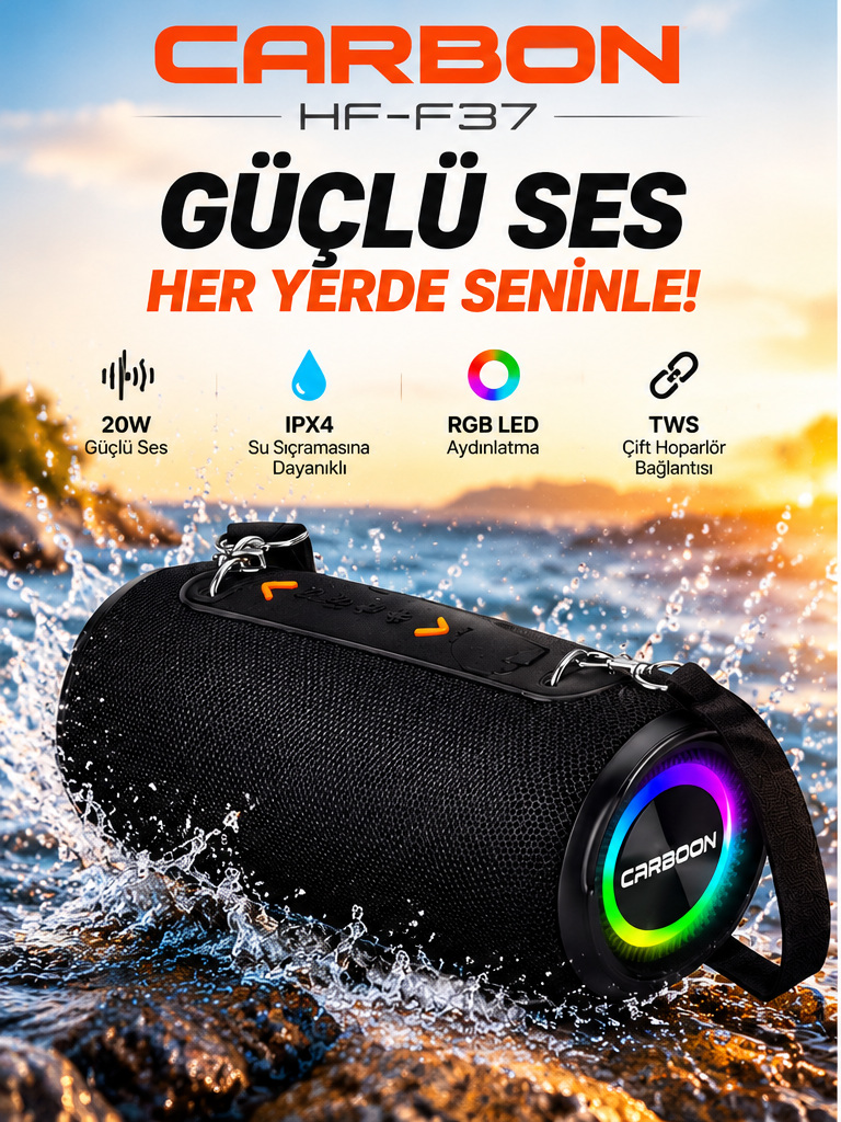 HF-F37 20W Taşınabilir Kablosuz Bluetooth Hoparlör RGB LED Işıklı TWS Destekli Güçlü Bass Ses Sistemi