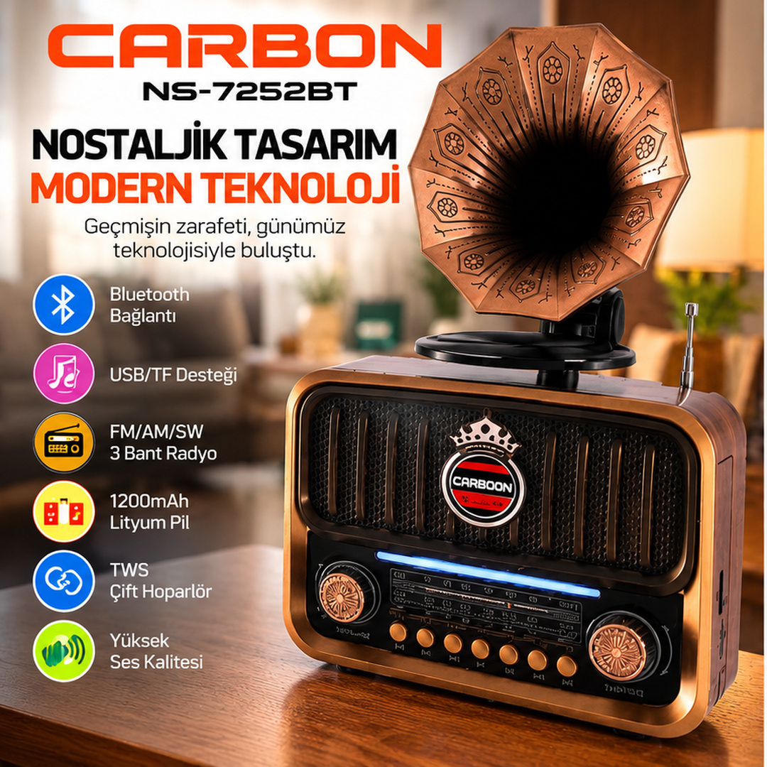 CARBOON NS-7252BT Nostaljik Gramofon Tasarımlı Bluetooth Radyo USB TF Kart Destekli Şarjlı Retro Müzik Çalar