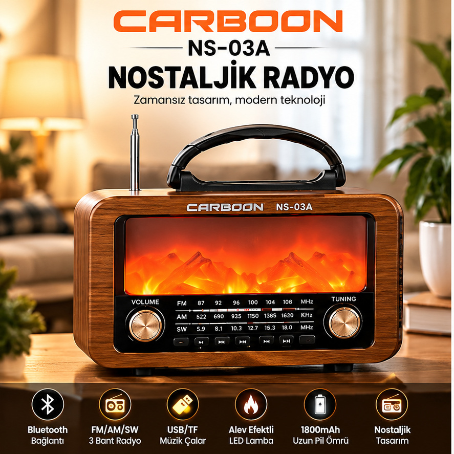 CARBOON  NS-03A Retro Radyo Alev Efektli LED Işıklı 1800 mAh Şarjlı Taşınabilir Nostaljik Rady