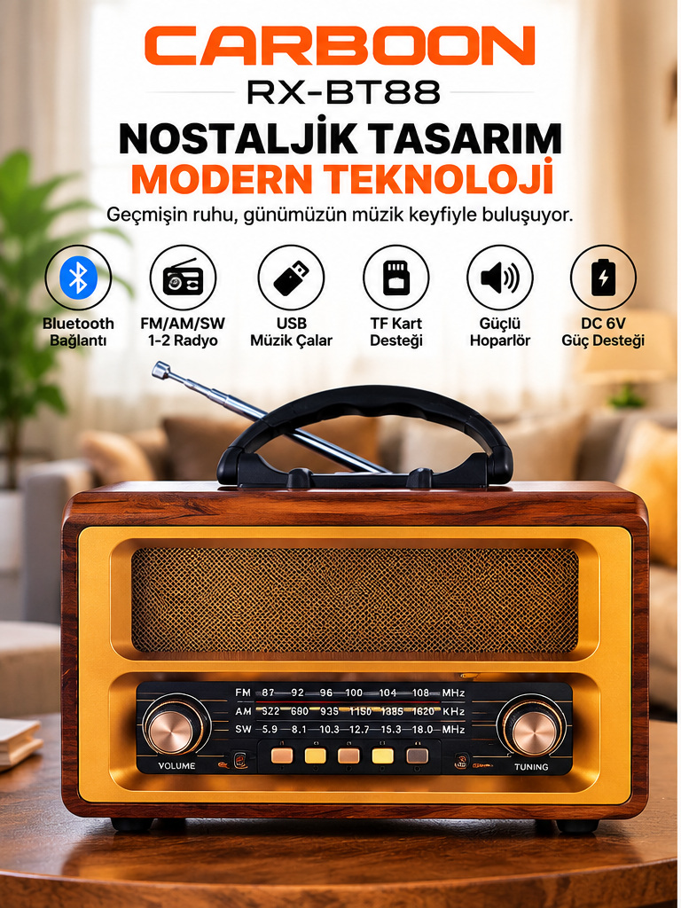 CARBOON RX-BT88 Nostaljik Retro Radyo Bluetooth USB TF Kart Destekli FM AM SW Taşınabilir Ahşap Görünümlü Radyo