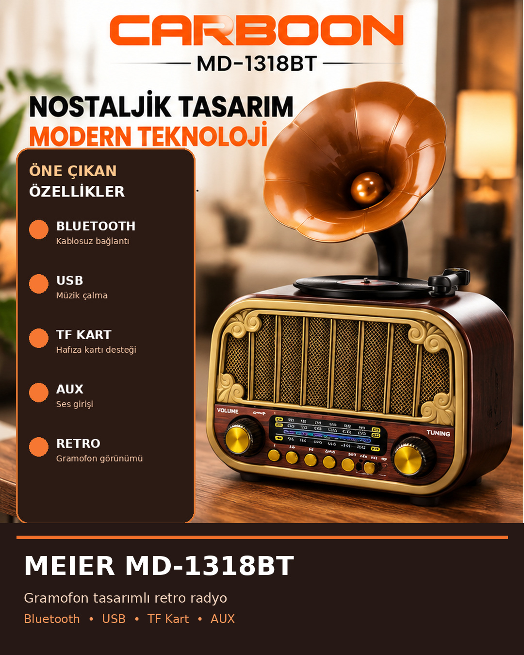 CARBOON MD-1318BT Nostaljik Gramofon Tasarımlı Bluetooth Retro Radyo USB TF Kart AUX Girişli Kablosuz Müzik Çalar