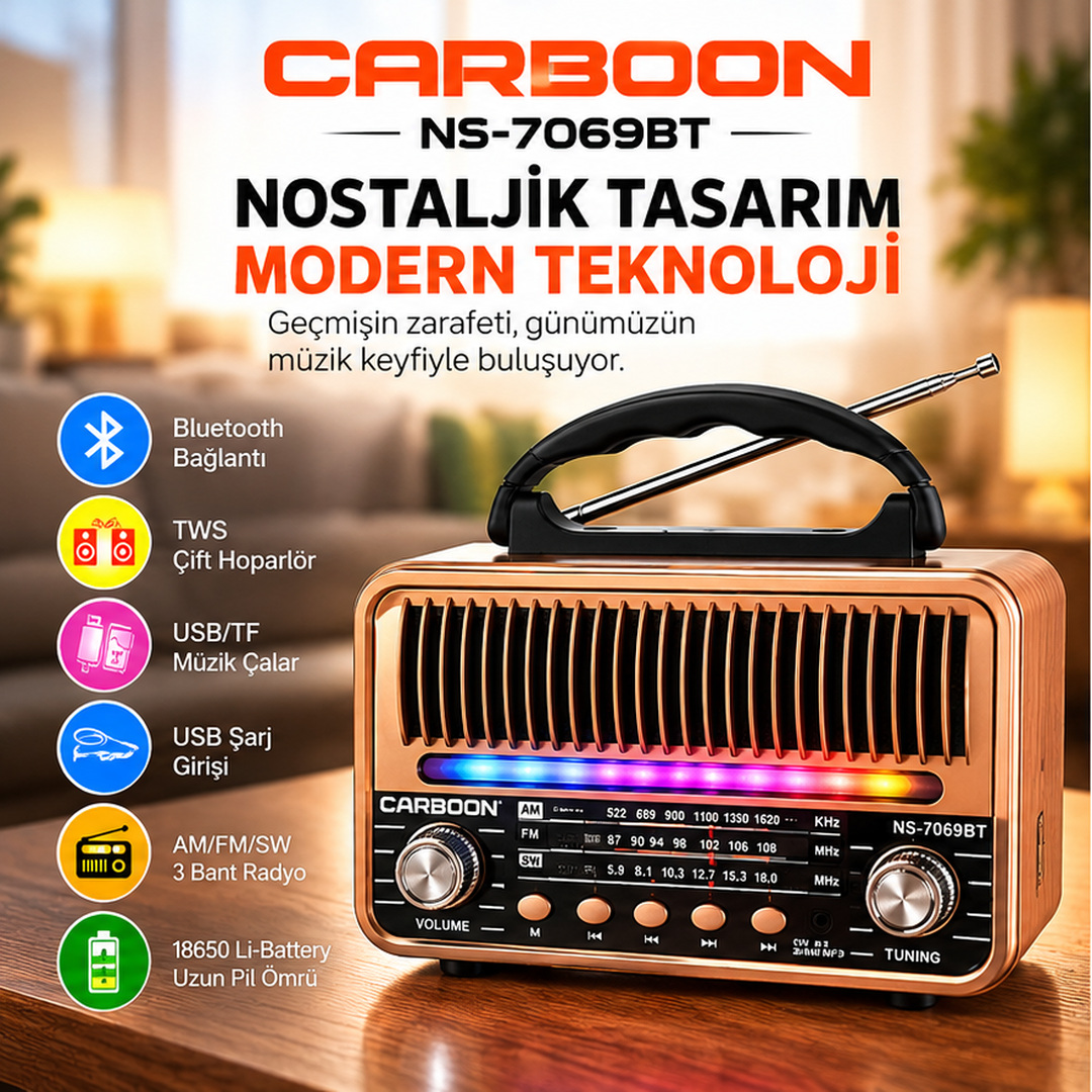 CARBOON NS-7069BT Nostaljik Retro Radyo Bluetooth TWS USB TF Kart Destekli AM FM SW 3 Bant Şarjlı Taşınabilir Müzik Çalar
