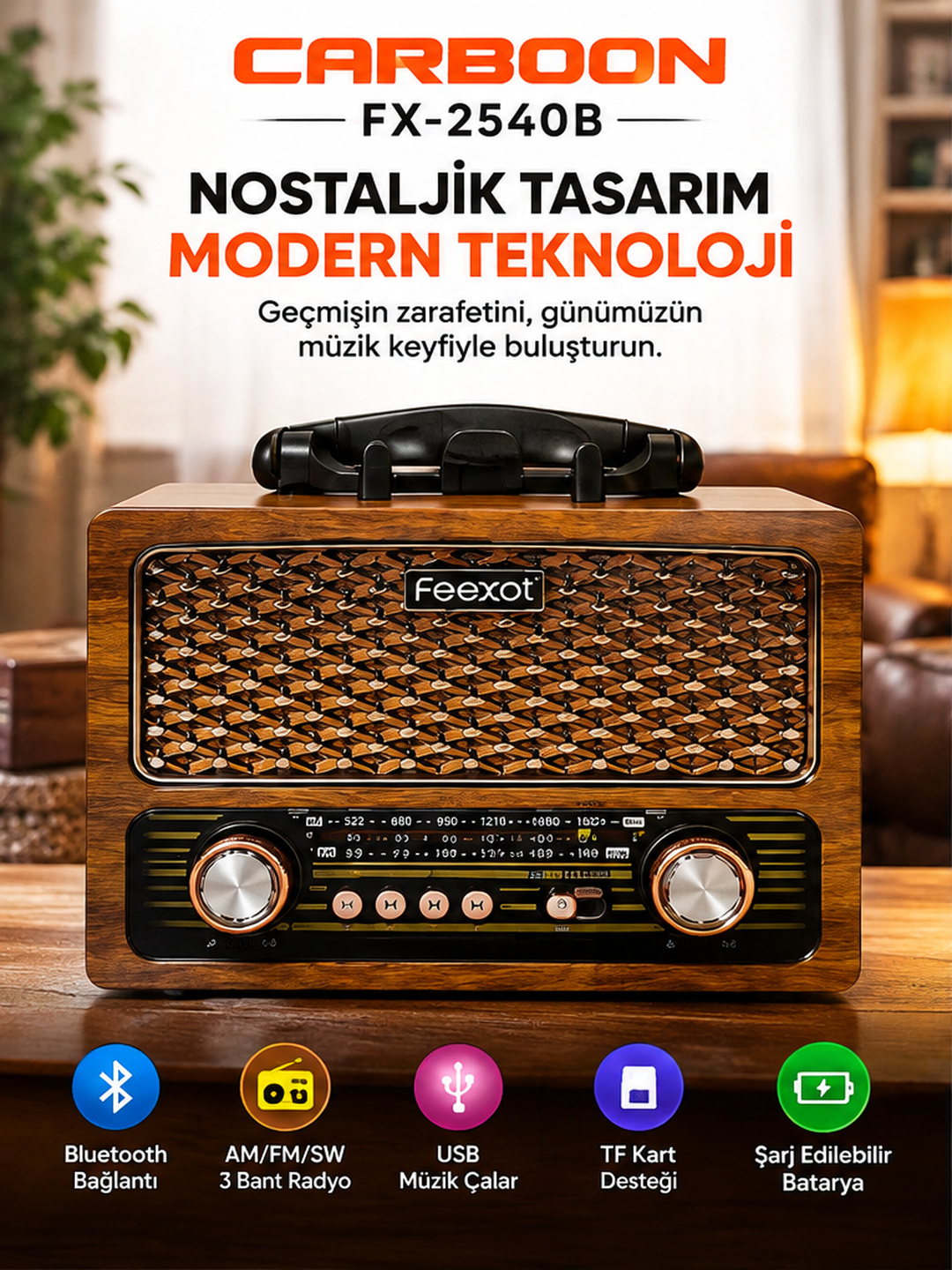 CARBOON FX-2540B Nostaljik Retro Radyo Bluetooth USB TF Kart Destekli FM AM SW 3 Bant Şarjlı Taşınabilir Müzik Çalar
