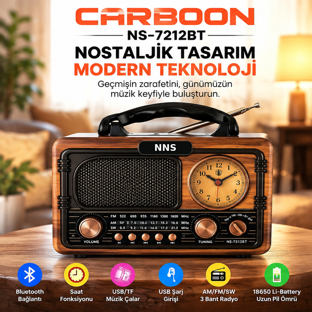 CARBOON NS-7212BT Nostaljik Saatli Retro Radyo Bluetooth USB TF Kart Destekli AM FM SW 3 Bant Şarjlı Taşınabilir Müzik Çalar