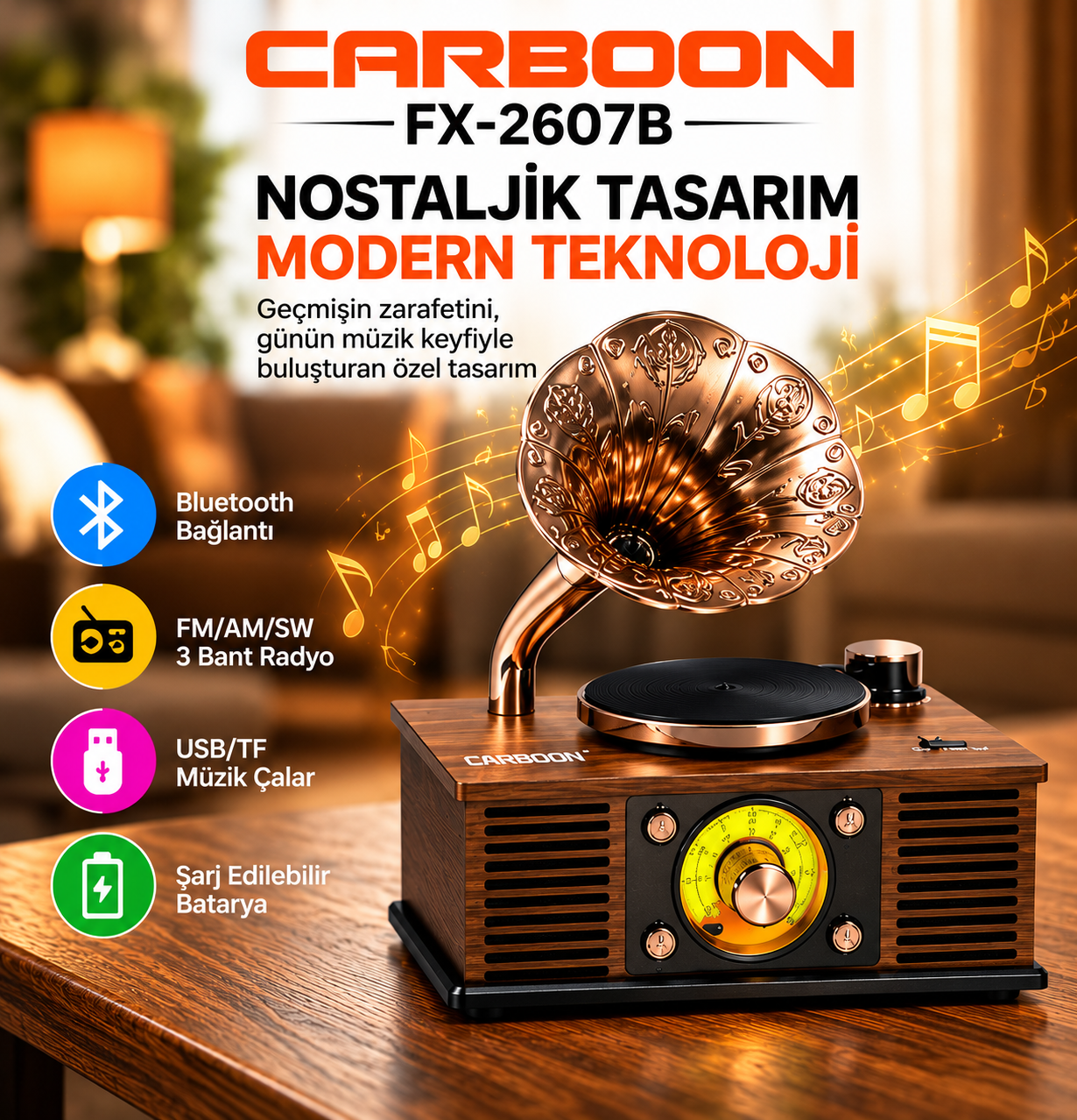 CARBOON FX-2607B Nostaljik Gramofon Tasarımlı Retro Radyo Bluetooth USB TF Kart Destekli FM AM SW 3 Bant Şarjlı Müzik Çalar