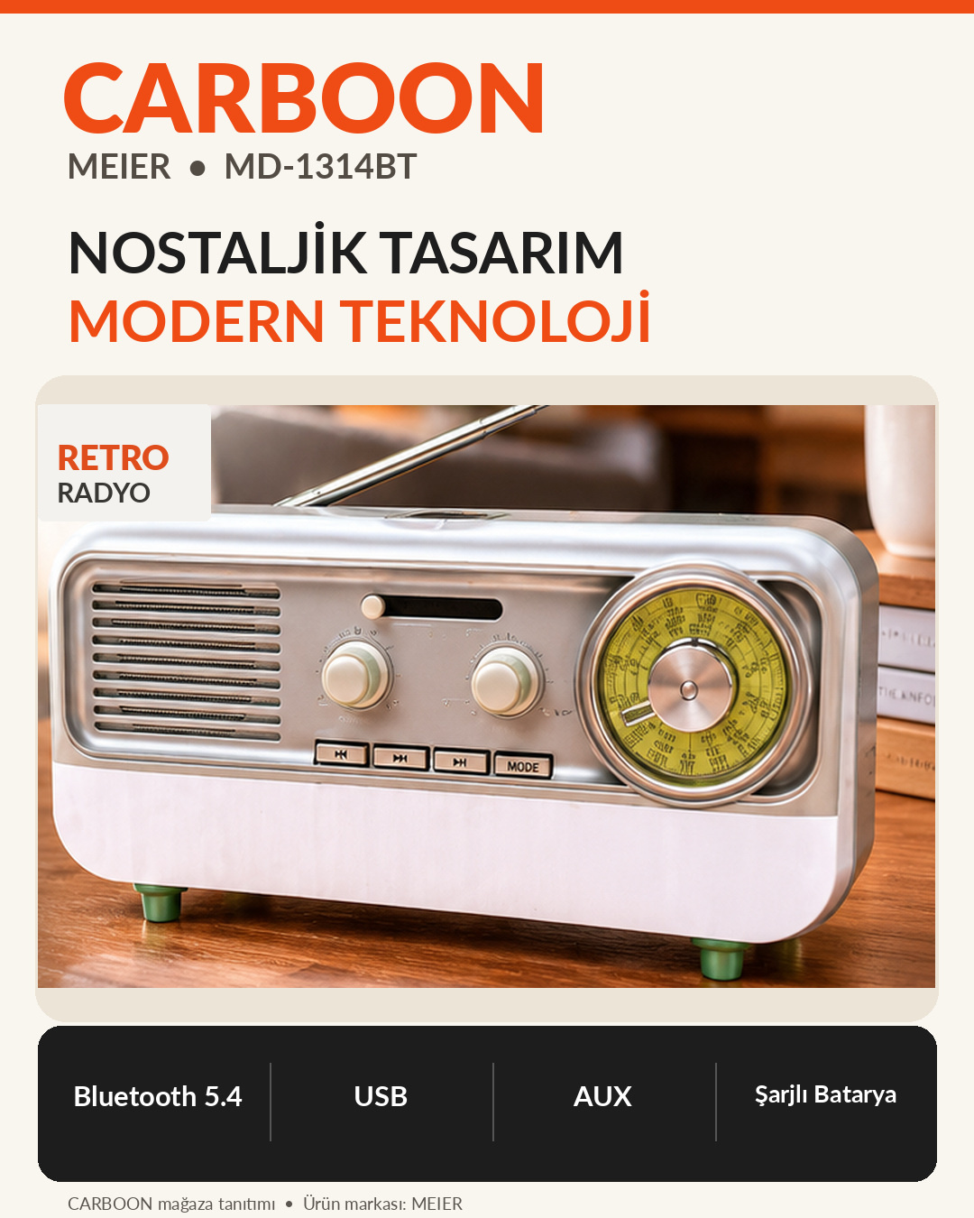 CARBOON  MD-1314BT Bluetooth 5.4 Nostaljik Retro Radyo USB AUX Girişli Şarj Edilebilir Taşınabilir Hi-Fi Hoparlör