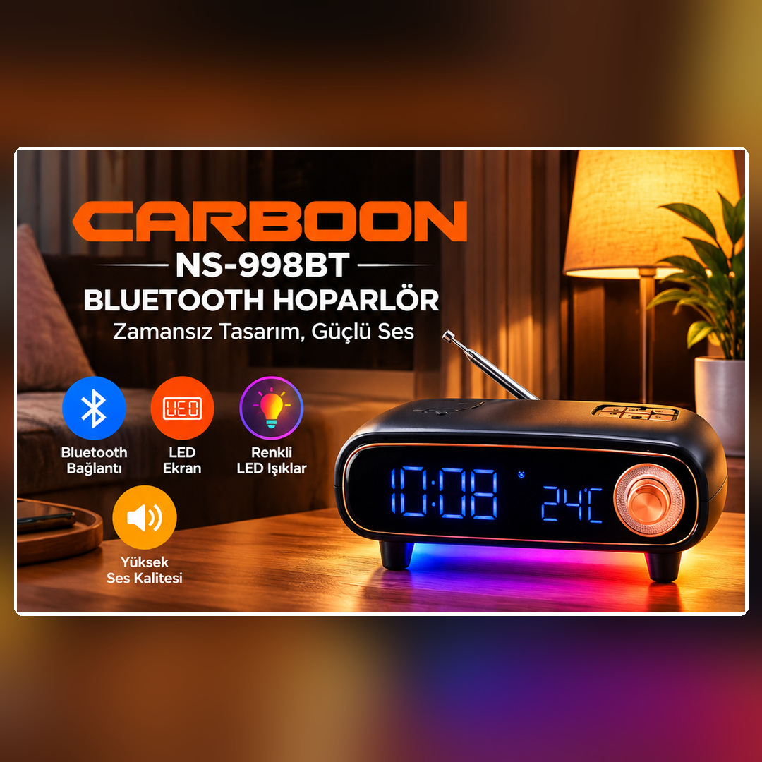CARBOON NS-998BT Bluetooth Hoparlör 5.2 İnç LED Ekranlı Renkli Işıklı Dijital Saat Göstergeli Retro Tasarım
