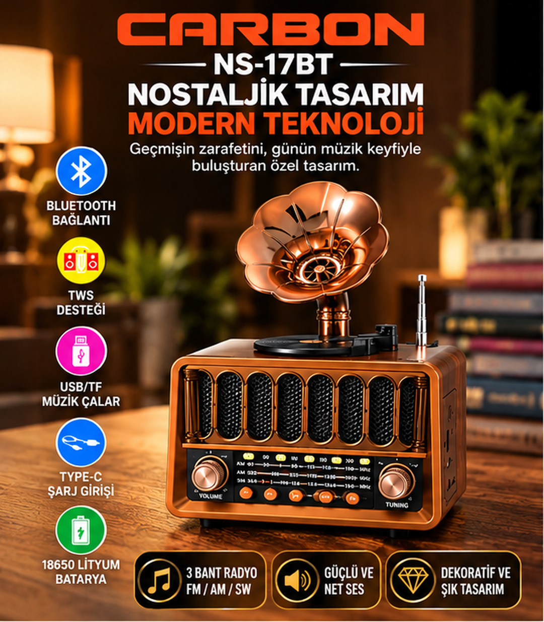 NNS NS-17BT Nostaljik Gramofon Tasarımlı Bluetooth Retro Radyo TWS USB TF Kart Destekli AM FM SW 3 Bant Şarjlı Müzik Çalar