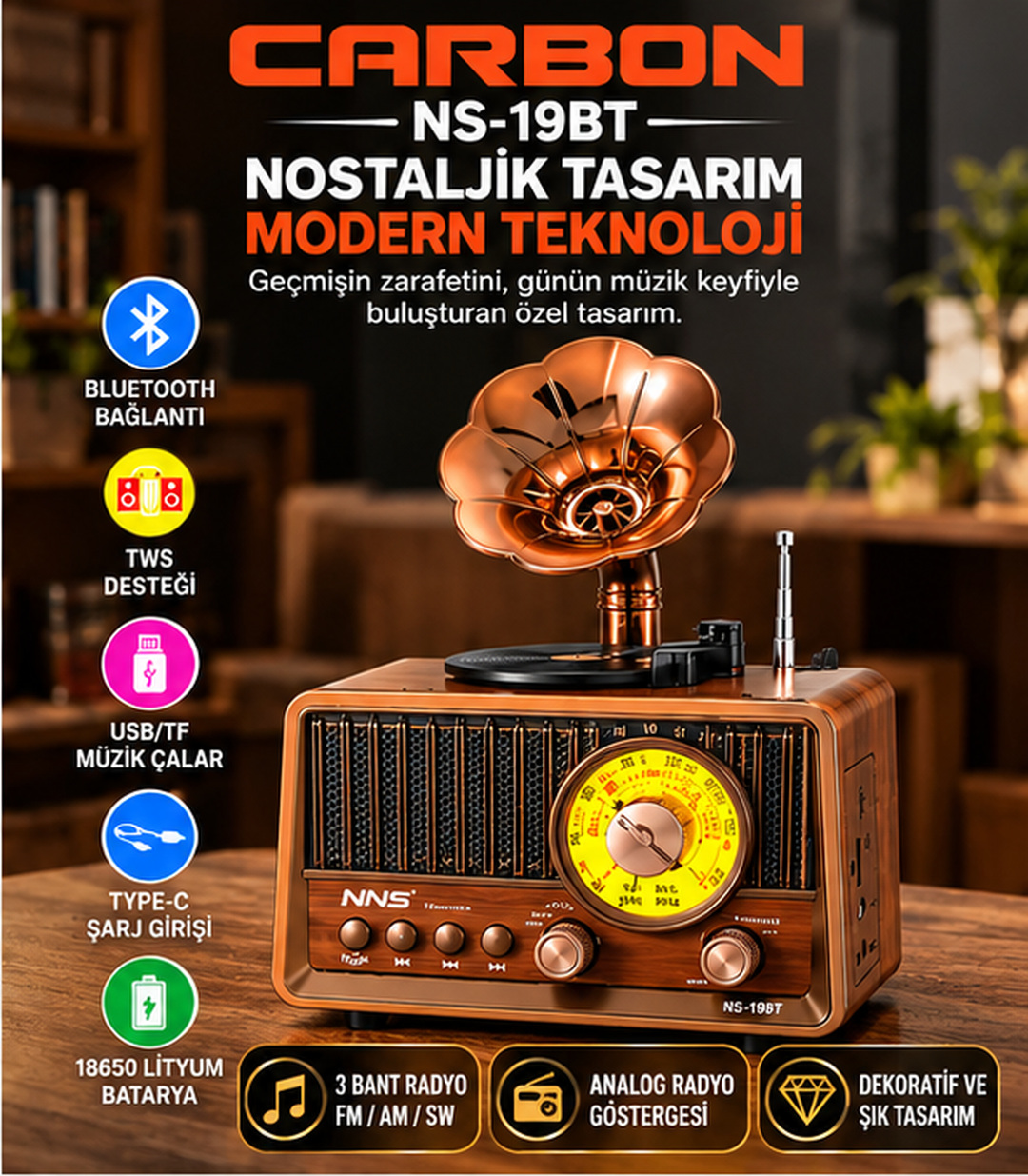 NNS NS-19BT Nostaljik Gramofon Tasarımlı Bluetooth Retro Radyo Analog Frekans Göstergeli USB TF Kart TWS Destekli Şarjlı Müzik Çalar