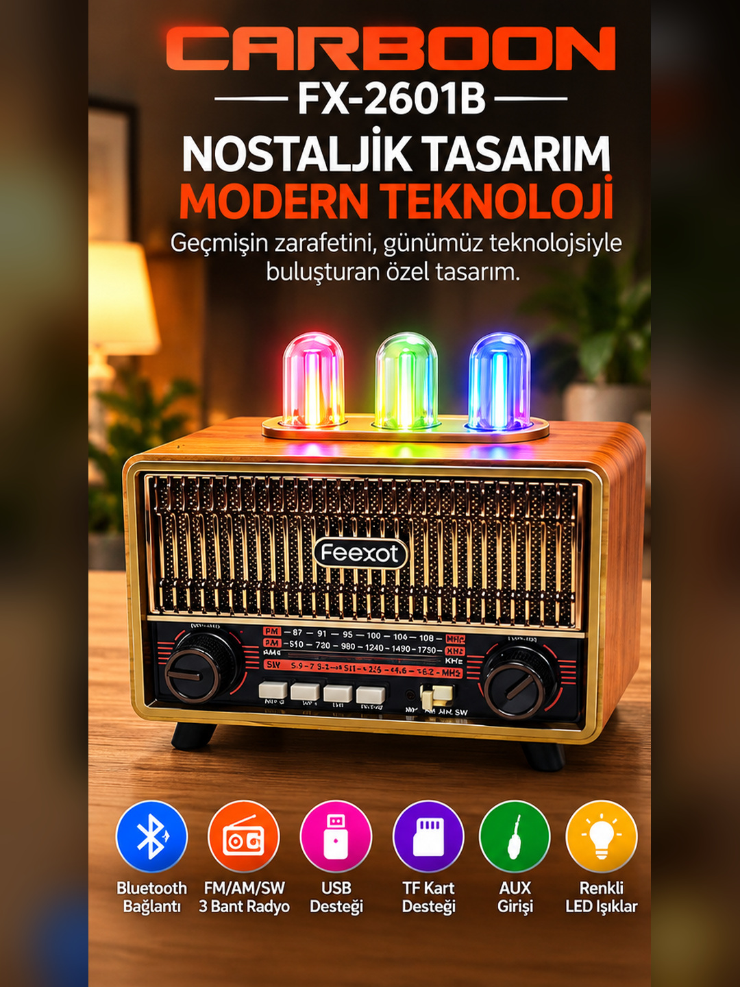 Feexot FX-2601B Nostaljik Retro Radyo Bluetooth FM AM SW 3 Bant USB TF Kart AUX Girişli Renkli Işıklı Şarjlı Müzik Çalar