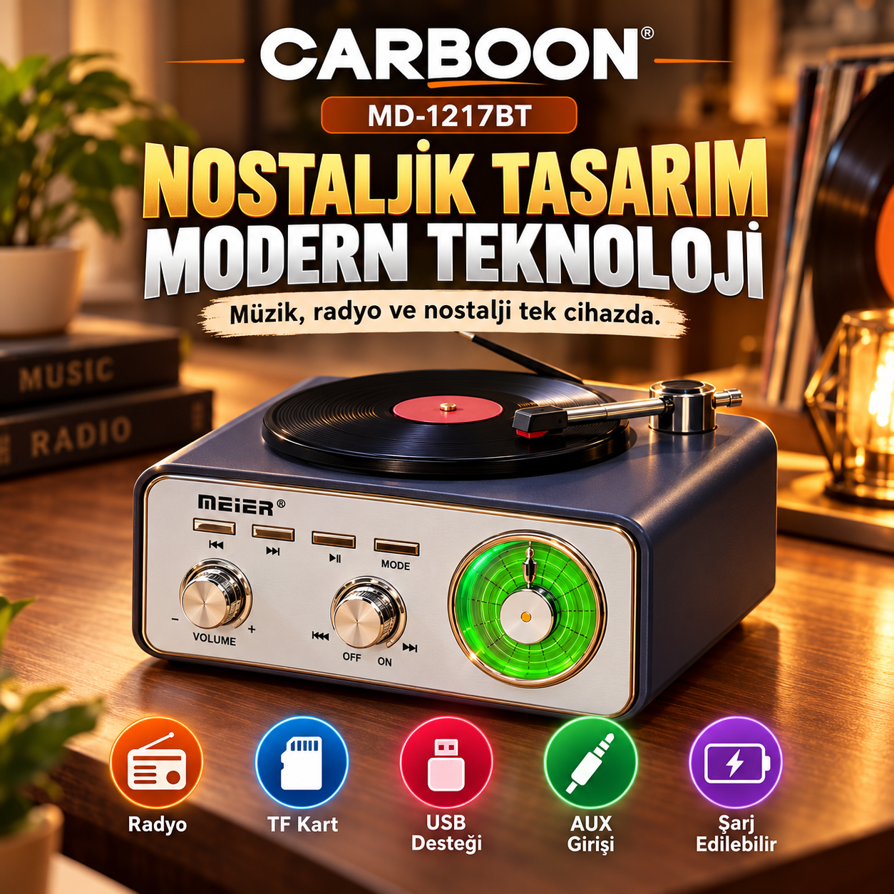 MEIER MD-1217BT Nostaljik Gramofon Tasarımlı Bluetooth Retro Radyo USB TF Kart AUX Destekli Şarjlı Müzik Çalar