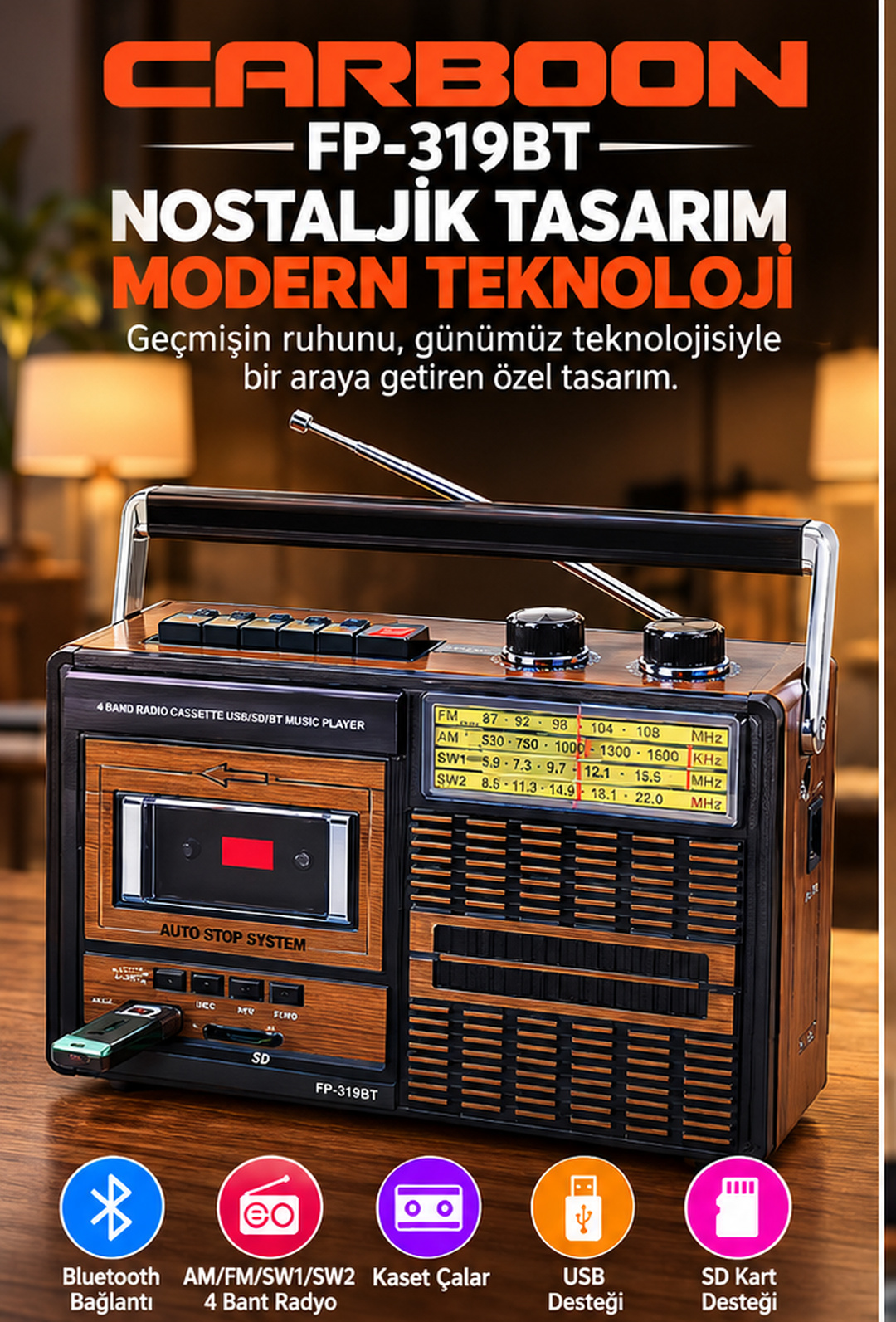 FP-319BT Nostaljik Kasetçalar Retro Radyo Bluetooth USB SD Kart Destekli AM FM SW1 SW2 4 Bant Taşınabilir Müzik Çalar