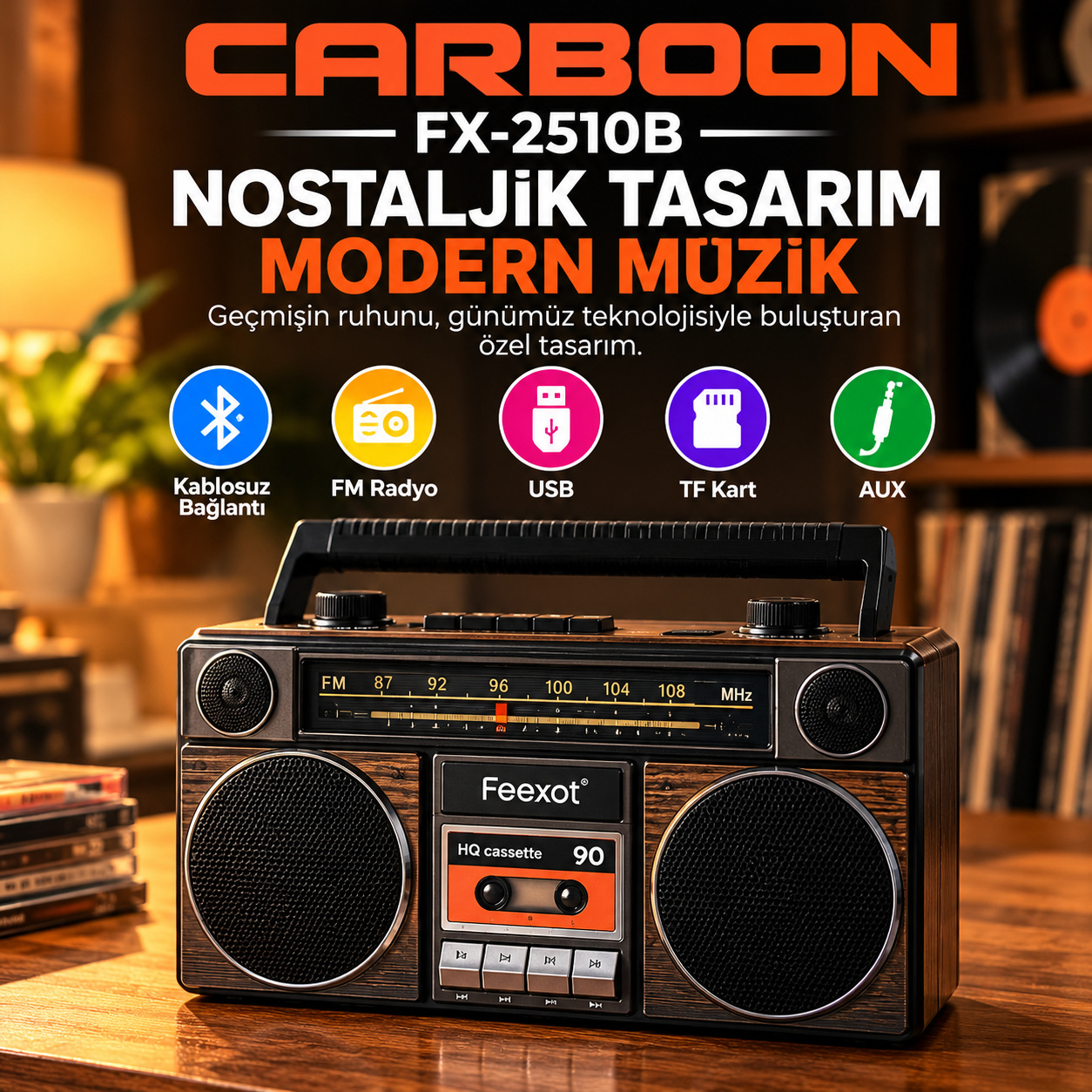 Feexot FX-2510B Nostaljik Retro Boombox FM Radyo USB TF Kart AUX Destekli Kablosuz Müzik Çalar Taşınabilir Hoparlör