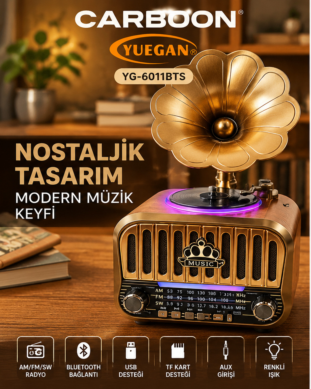 YUEGAN YG-6011BTS Nostaljik Gramofon Tasarımlı Bluetooth Retro Radyo AM FM SW USB TF Kart AUX Solar Panel Destekli Müzik Çalar