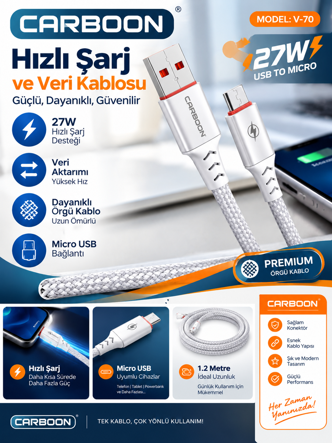 CARBOON V-70 27W Micro USB Hızlı Şarj Kablosu USB-A Girişli Örgülü Dayanıklı Tasarımlı Şarj Kablosu