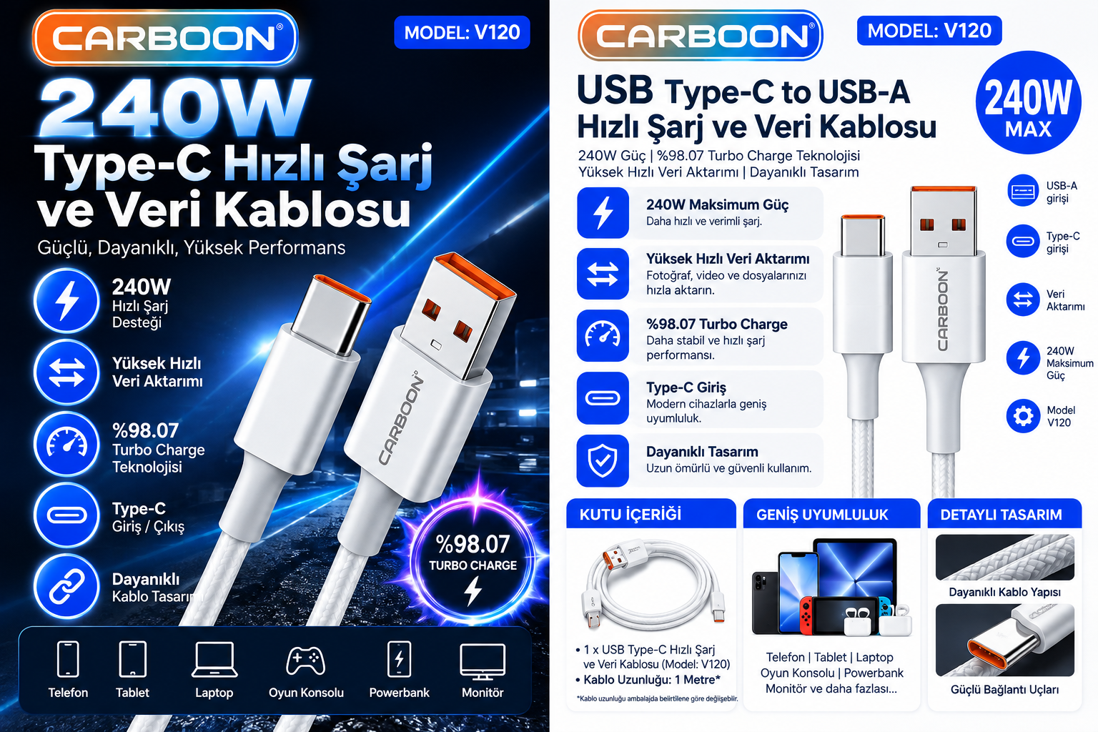 CARBOON V120 USB-A Type-C Şarj Kablosu 100 cm 1 Metre Turbo Şarj Destekli Beyaz Telefon Şarj Kablosu