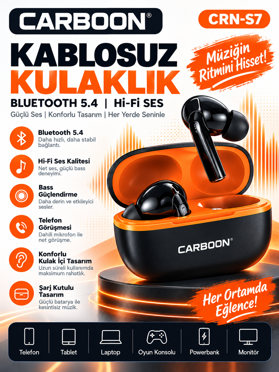 CARBOON CRN-S7 Bluetooth 5.4 Kablosuz Kulak İçi Kulaklık Hi-Fi Stereo Ses Bass Destekli Mikrofonlu Şarj Kutulu Siyah Turuncu