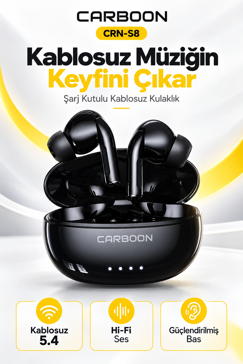 CARBOON CRN-S8 Kablosuz 5.4 Kulak İçi Kulaklık – Hi-Fi Stereo Ses, Şarj Kutulu, Siyah