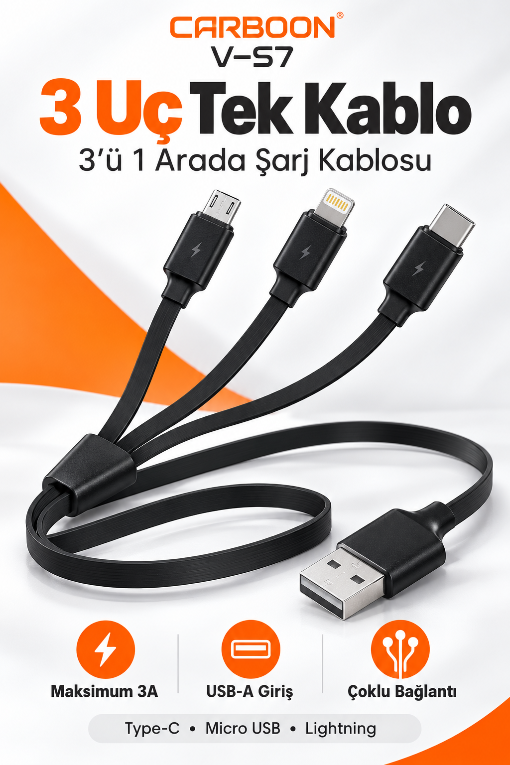CARBOON V-S7 3’ü 1 Arada Şarj Kablosu – Type-C, Micro USB ve Lightning Uçlu, Maksimum 3A, Siyah