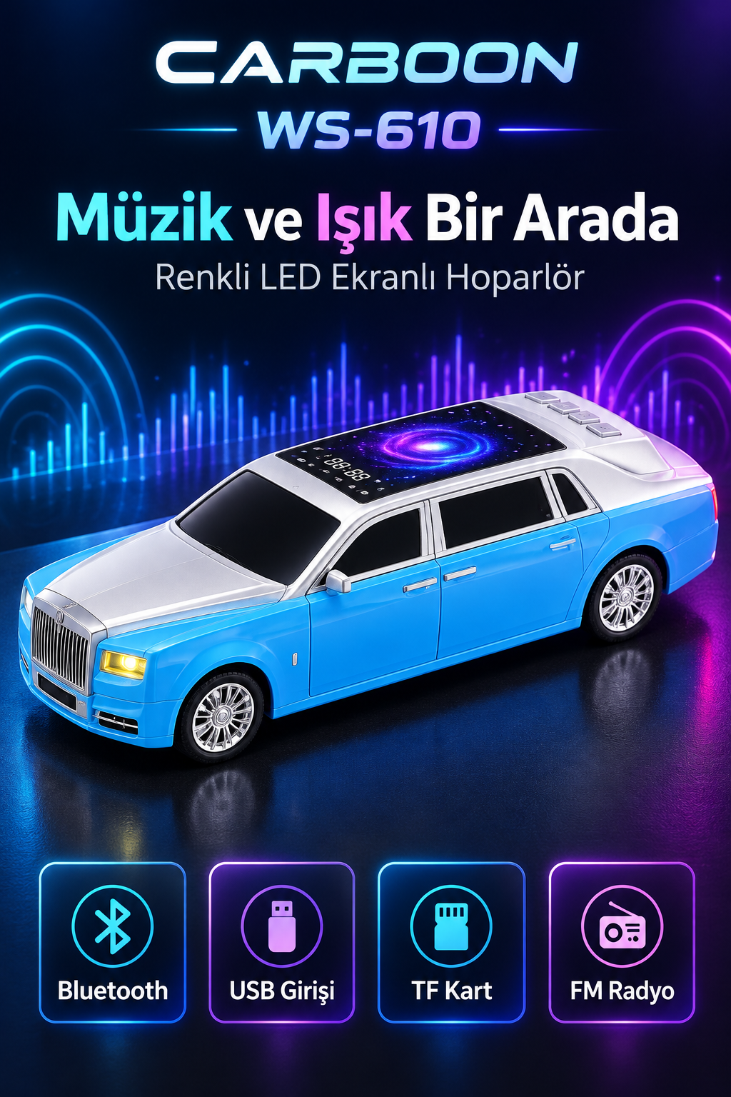 CARBOON WS-610 Araba Tasarımlı Bluetooth Hoparlör – Renkli LED Ekran, USB, TF Kart ve FM Radyo – Mavi