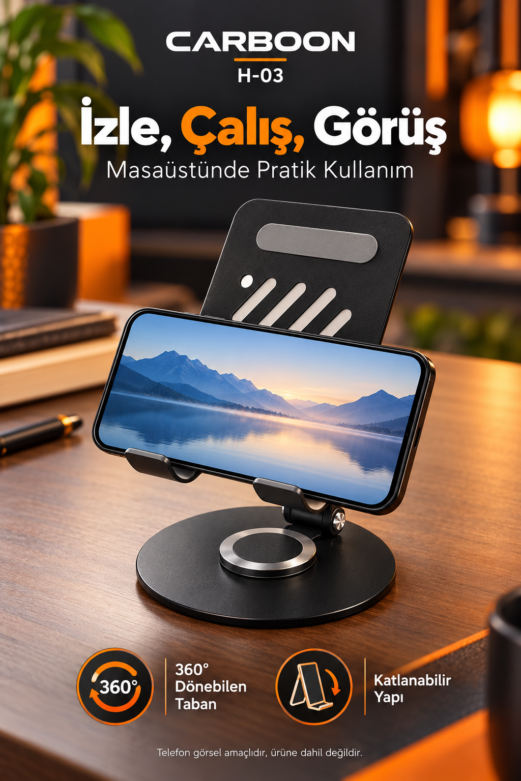 CARBOON H-03 Katlanabilir Masaüstü Telefon ve Tablet Standı – 360° Dönebilen, Yatay ve Dikey Kullanım, Siyah