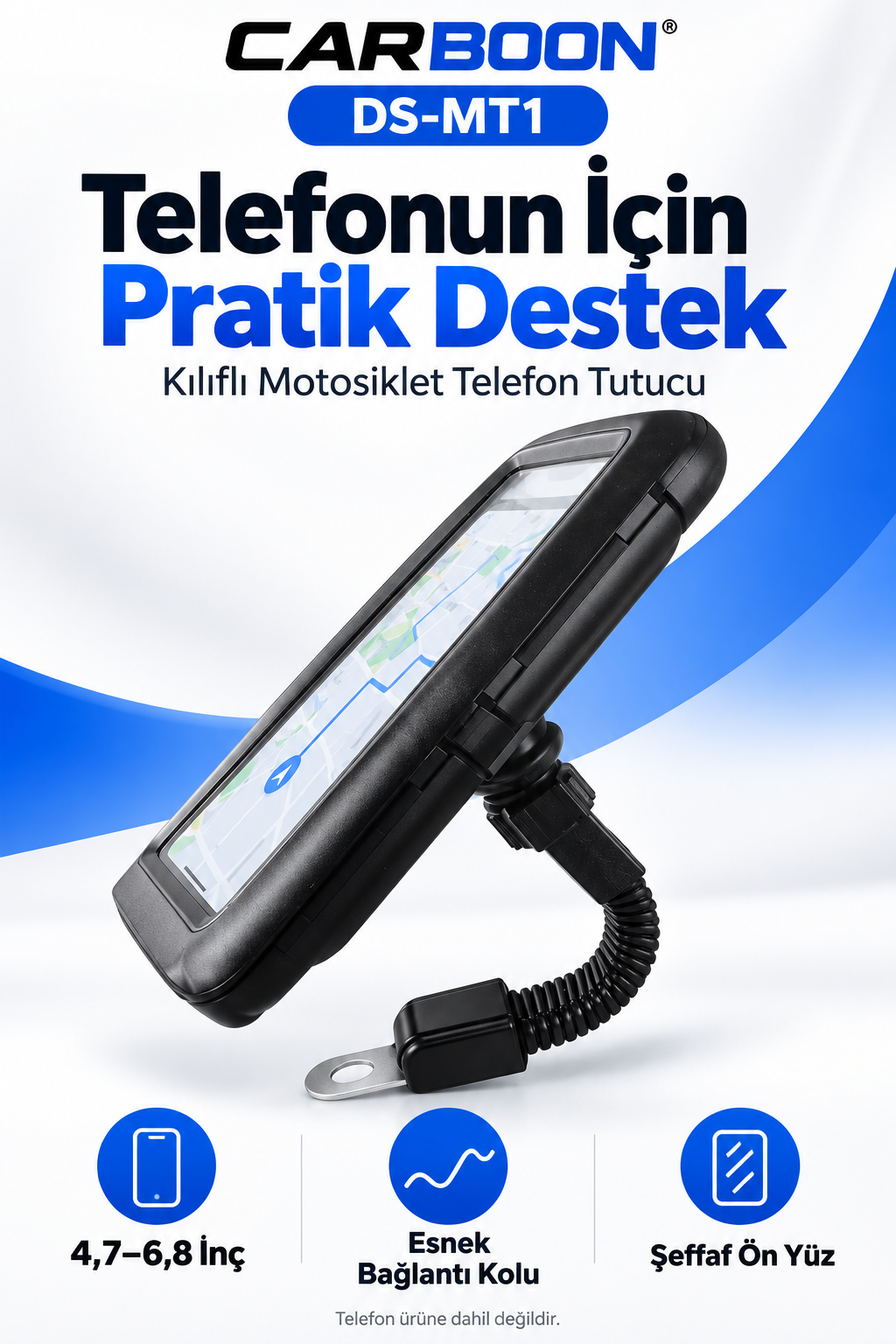 CARBOON DS-MT1 Kılıflı Motosiklet Telefon Tutucu – Esnek Kollu, 4,7–6,8 İnç, Siyah