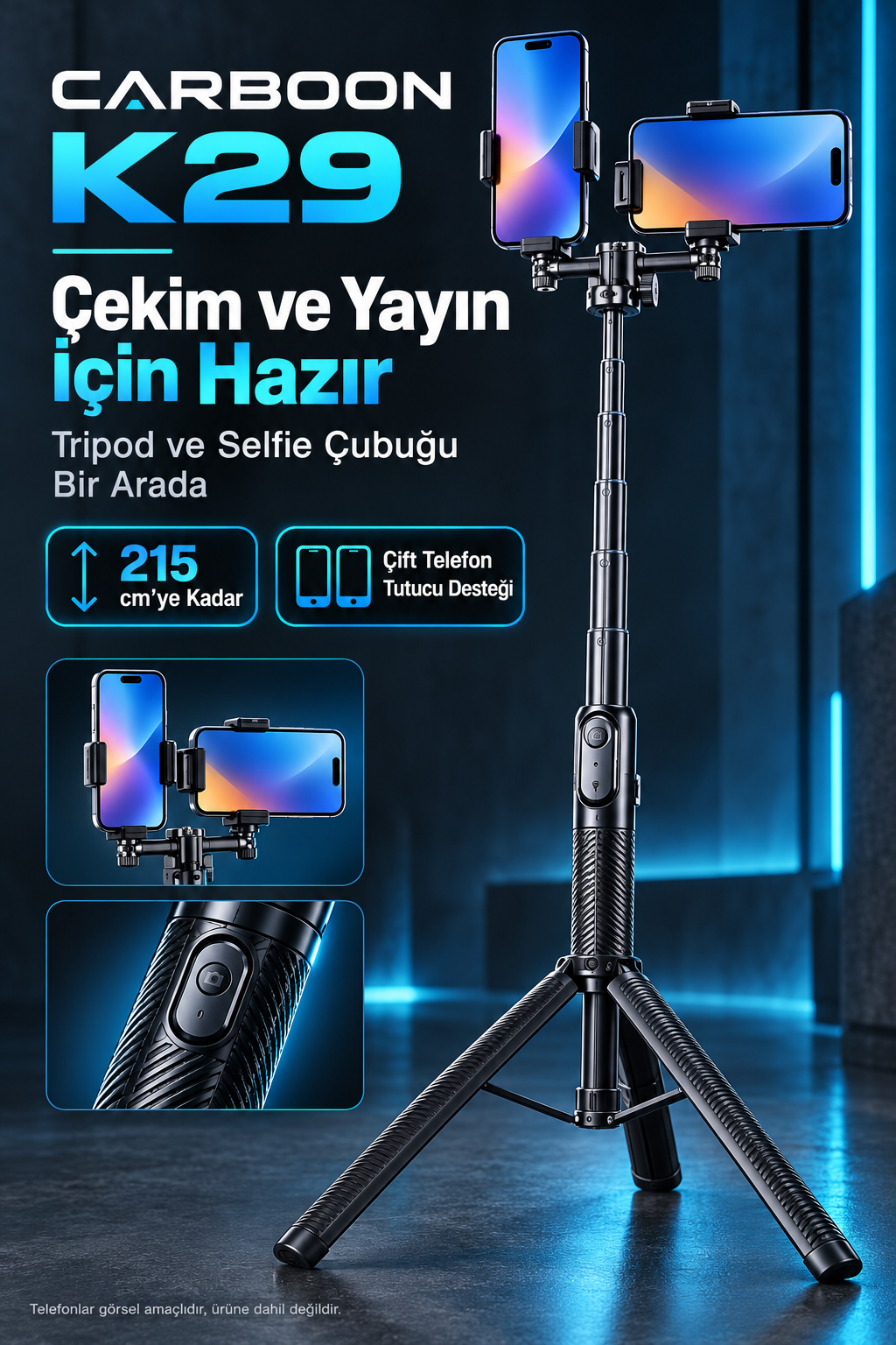 CARBOON K29 215 cm Tripodlu Selfie Çubuğu – Çift Telefon Tutucu Destekli, Teleskopik ve Katlanabilir, Siyah