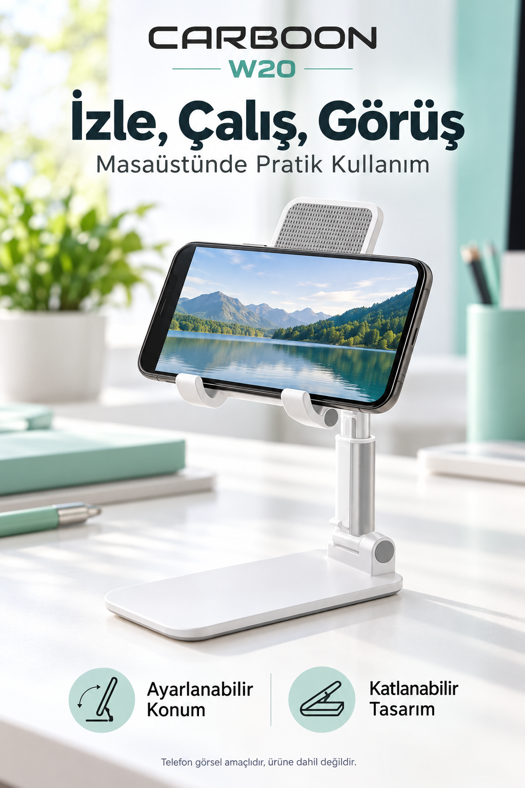 CARBOON W20 Katlanabilir Masaüstü Telefon Standı – Yükseklik ve Açı Ayarlı, Beyaz