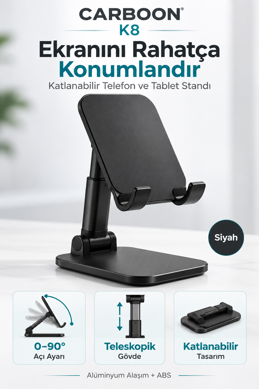 CARBOON K8 Katlanabilir Teleskopik Telefon ve Tablet Standı – 0–90° Açı Ayarlı, Siyah