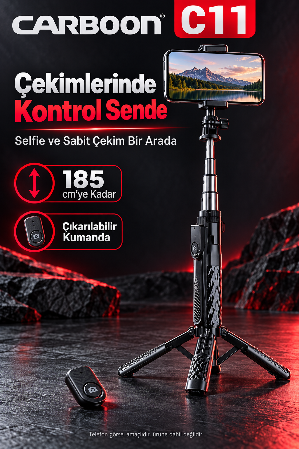 CARBOON C11 185 cm Kumandalı Selfie Çubuğu – Dört Ayaklı, Teleskopik ve Katlanabilir Telefon Standı, Siyah