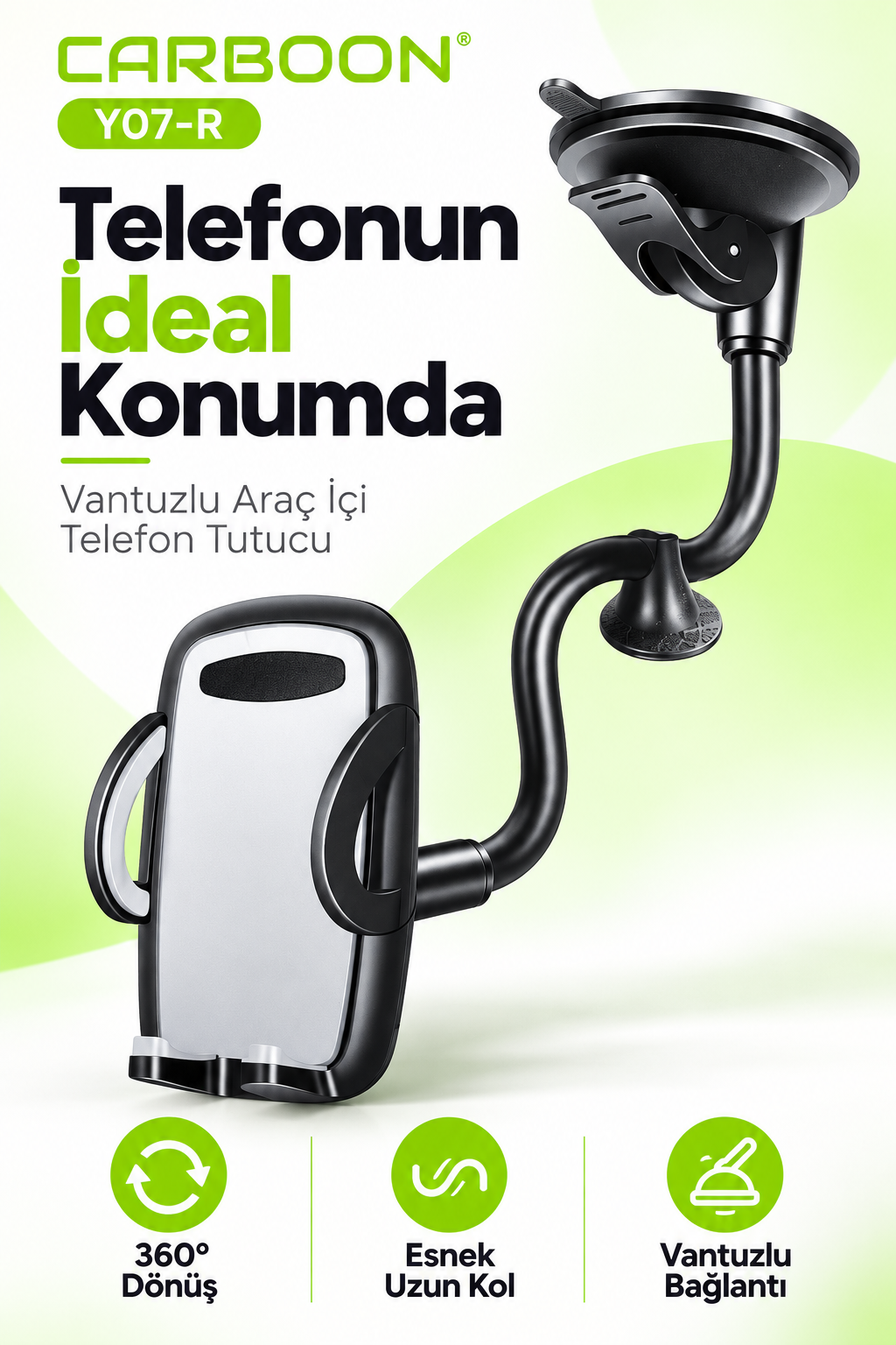 CARBOON Y07-R Vantuzlu Araç İçi Telefon Tutucu – Uzun Esnek Kollu, 360° Dönebilen, Siyah-Gri