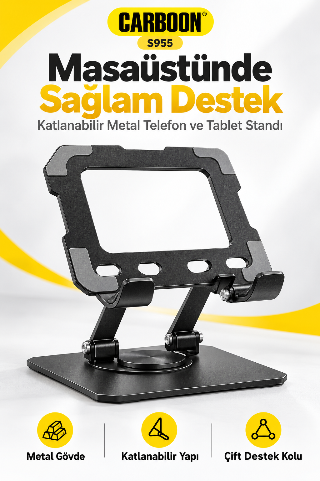 CARBOON S955 Katlanabilir Metal Telefon ve Tablet Standı – Çift Destek Kollu, Açı Ayarlı, Siyah