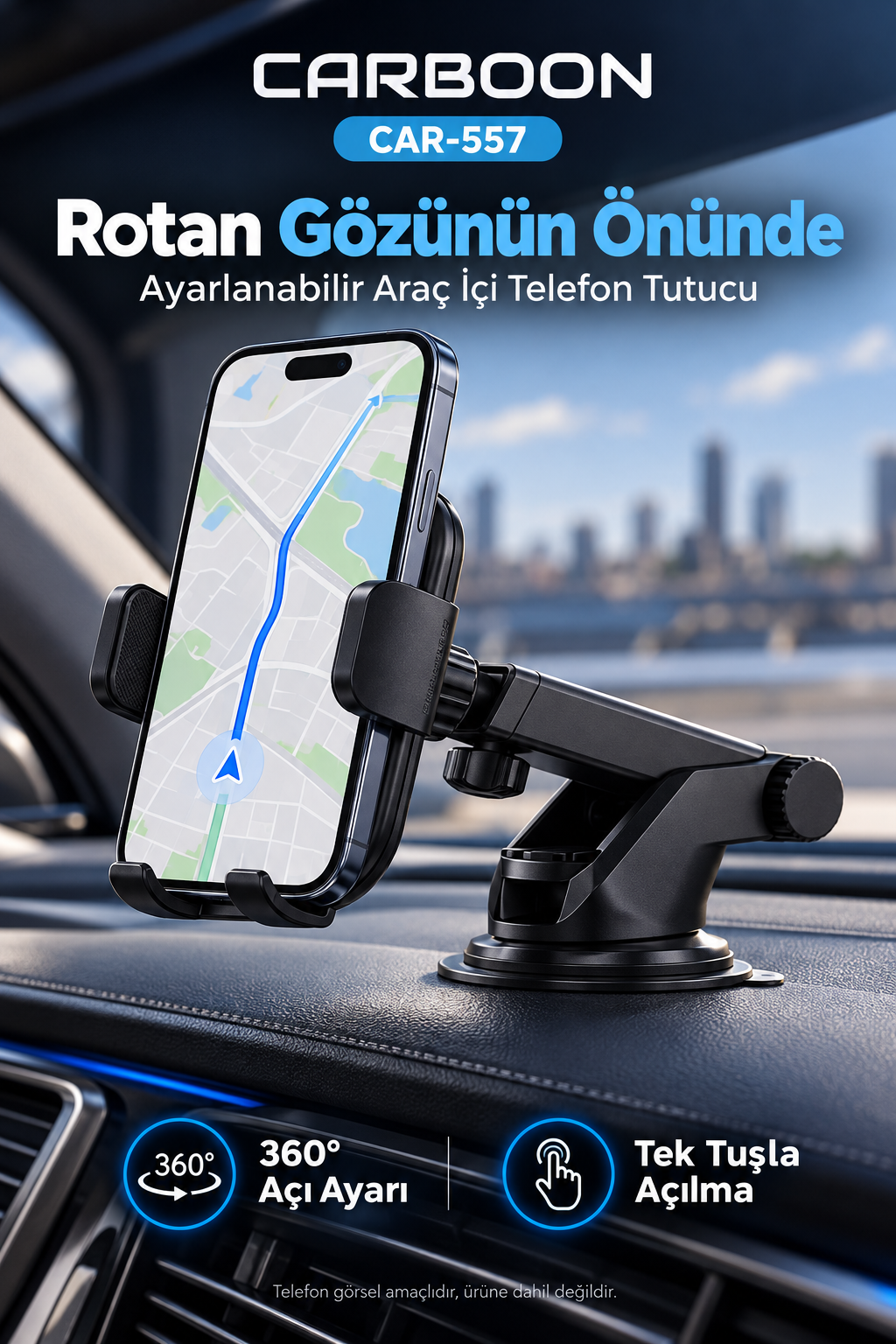 CARBOON CAR-557 Vantuzlu Araç İçi Telefon Tutucu – 360° Dönebilen, Tek Tuşla Açılan, Ayarlanabilir Kollu, Siyah