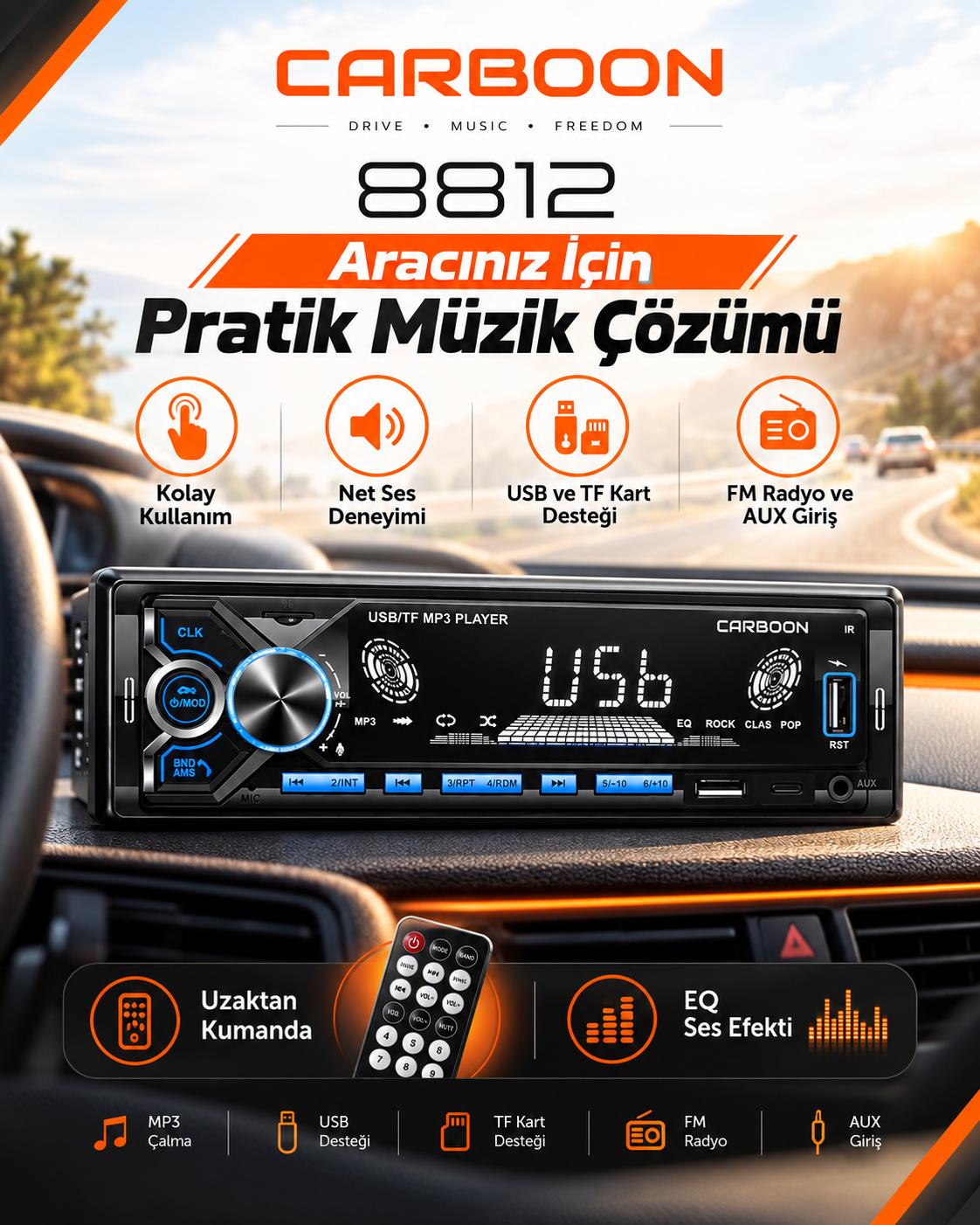 CARBOON 8812 USB TF Kart Destekli MP3 Çalar Oto Teyp FM Radyo AUX Girişli Uzaktan Kumandalı