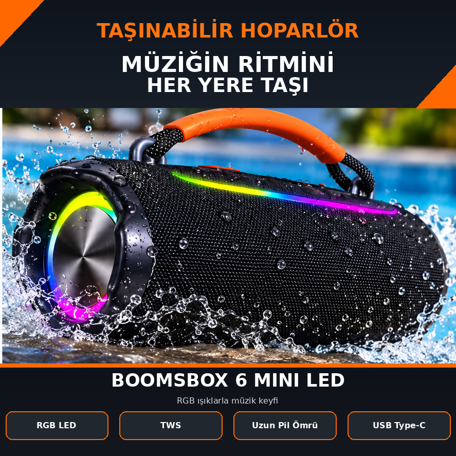 BOOMSBOX6 MINI LED RGB Işıklı Taşınabilir Bluetooth Hoparlör TWS Destekli Type-C Şarjlı