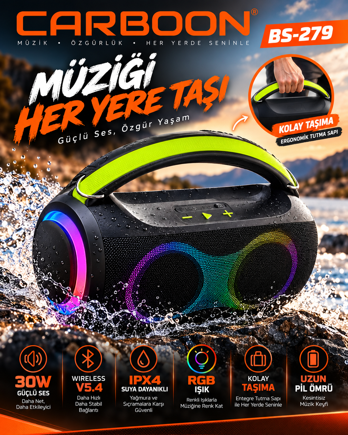 CARBOON BS-279 30W Bluetooth 5.4 Taşınabilir Hoparlör RGB LED Işıklı IPX4 Suya Dayanıklı Kablosuz Ses Sistemi