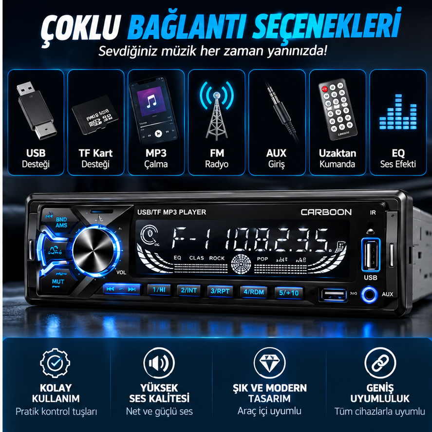 CARBOON 6603 USB TF Kart Destekli Oto Teyp MP3 Çalar FM Radyo AUX Girişli Uzaktan Kumandalı Araç Ses Sistemi