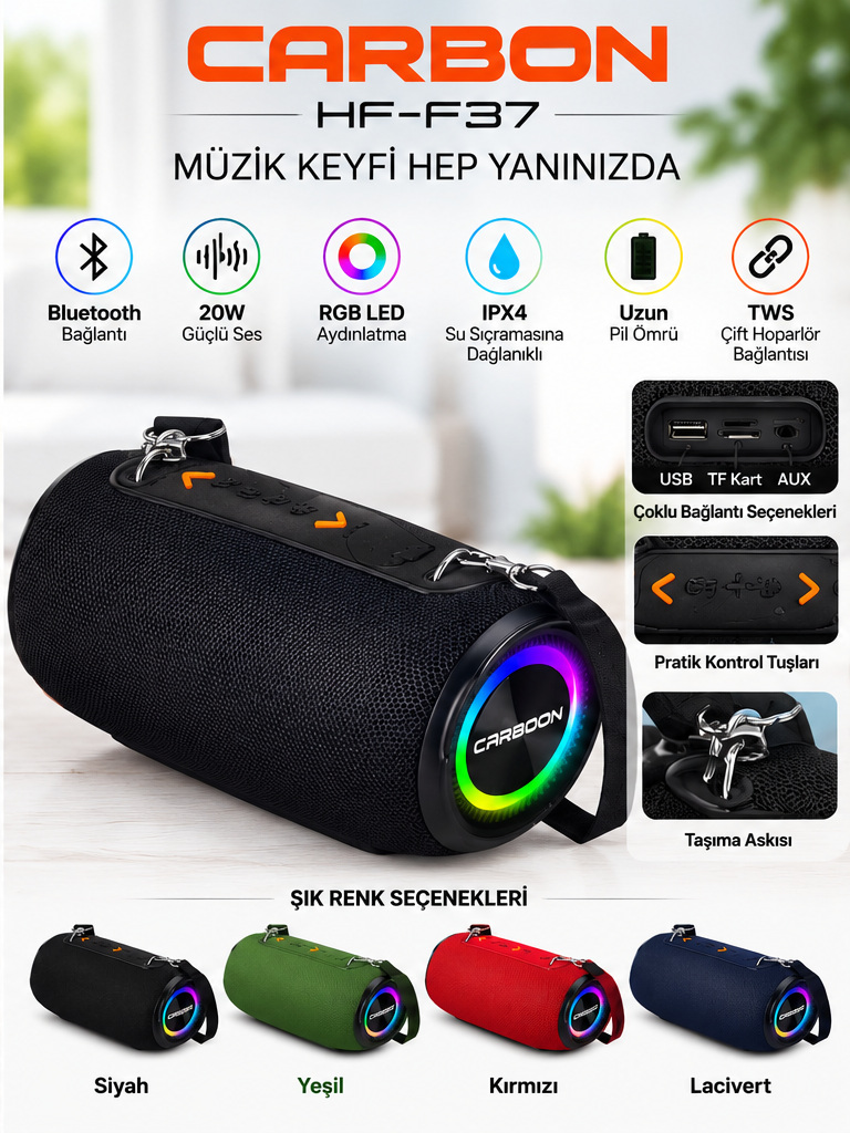 HF-F37 20W Taşınabilir Kablosuz Bluetooth Hoparlör RGB LED Işıklı TWS Destekli Güçlü Bass Ses Sistemi