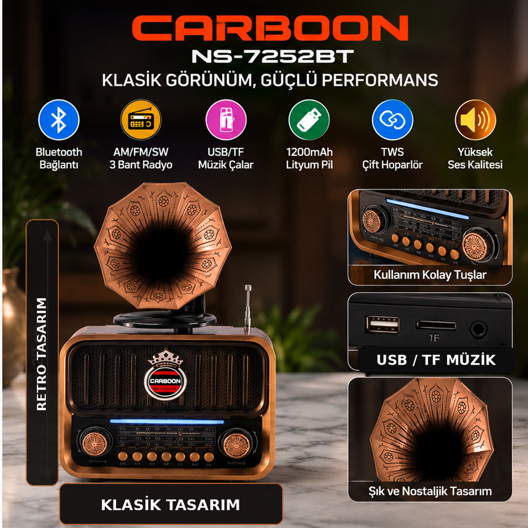 CARBOON NS-7252BT Nostaljik Gramofon Tasarımlı Bluetooth Radyo USB TF Kart Destekli Şarjlı Retro Müzik Çalar