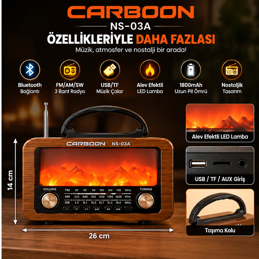 CARBOON  NS-03A Retro Radyo Alev Efektli LED Işıklı 1800 mAh Şarjlı Taşınabilir Nostaljik Rady
