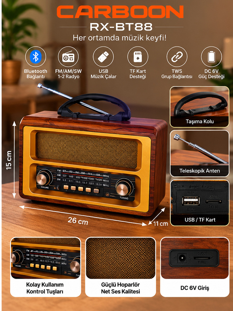 CARBOON RX-BT88 Nostaljik Retro Radyo Bluetooth USB TF Kart Destekli FM AM SW Taşınabilir Ahşap Görünümlü Radyo