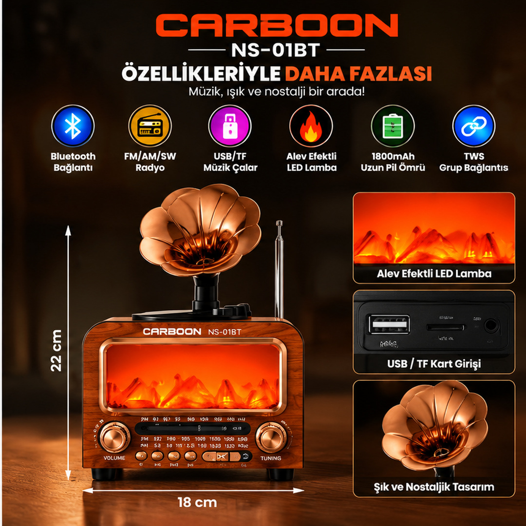 CARBOON NS-01BT Nostaljik Gramofon Tasarımlı Retro Radyo Alev Efektli LED Lambalı 1800 mAh Şarjlı Müzik Çalar