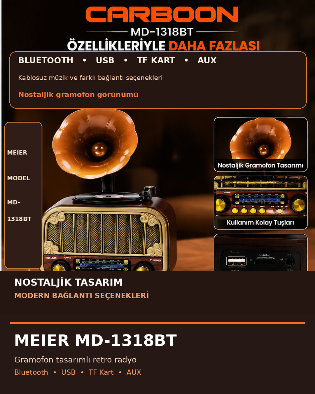 CARBOON MD-1318BT Nostaljik Gramofon Tasarımlı Bluetooth Retro Radyo USB TF Kart AUX Girişli Kablosuz Müzik Çalar