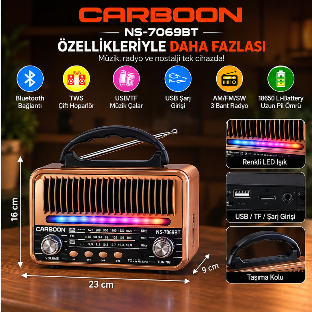 CARBOON NS-7069BT Nostaljik Retro Radyo Bluetooth TWS USB TF Kart Destekli AM FM SW 3 Bant Şarjlı Taşınabilir Müzik Çalar