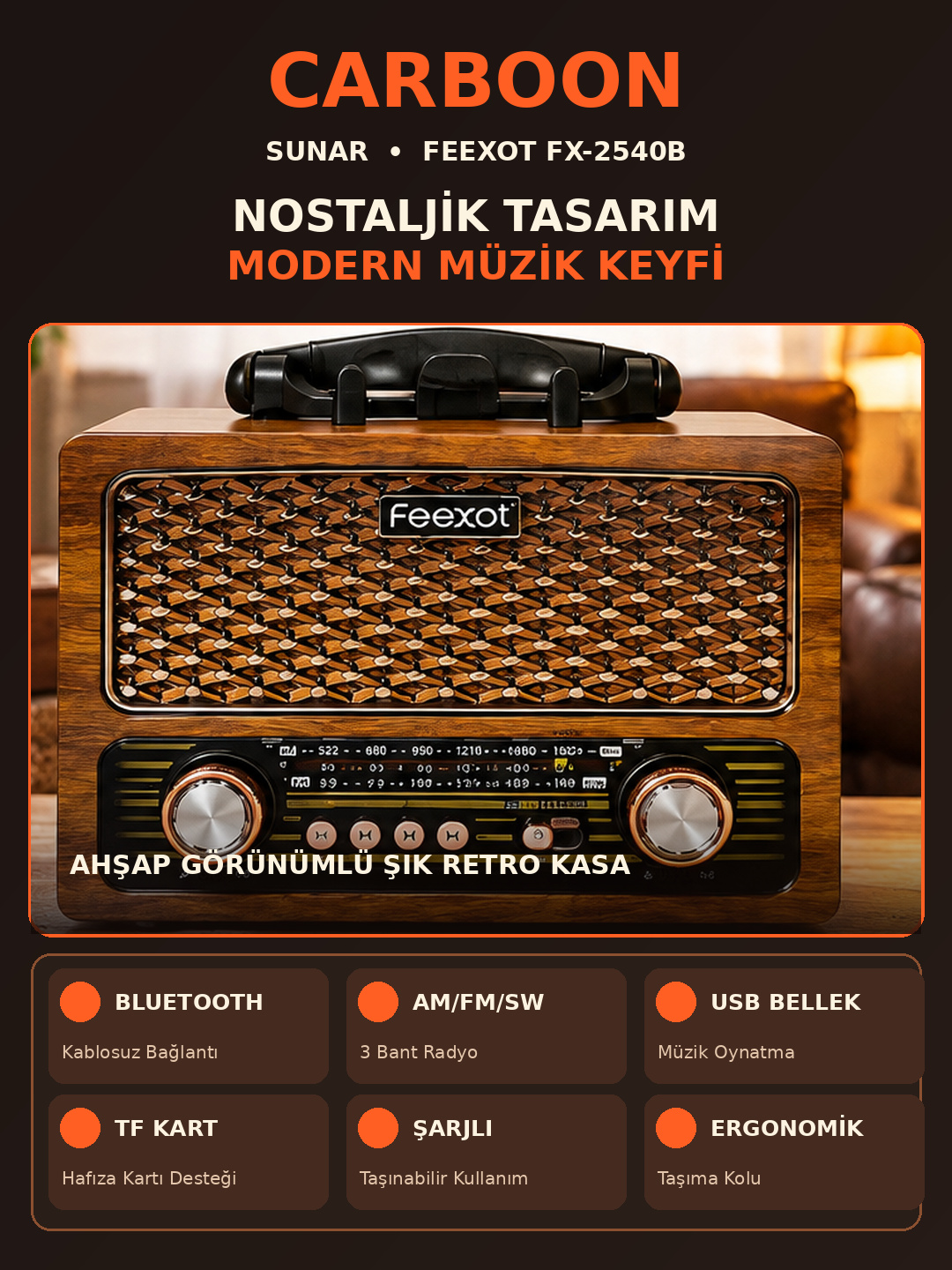 CARBOON FX-2540B Nostaljik Retro Radyo Bluetooth USB TF Kart Destekli FM AM SW 3 Bant Şarjlı Taşınabilir Müzik Çalar
