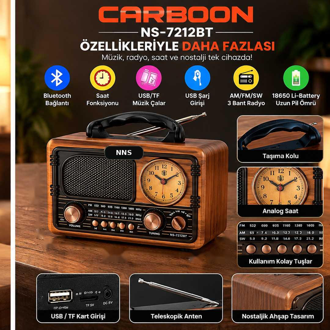 CARBOON NS-7212BT Nostaljik Saatli Retro Radyo Bluetooth USB TF Kart Destekli AM FM SW 3 Bant Şarjlı Taşınabilir Müzik Çalar