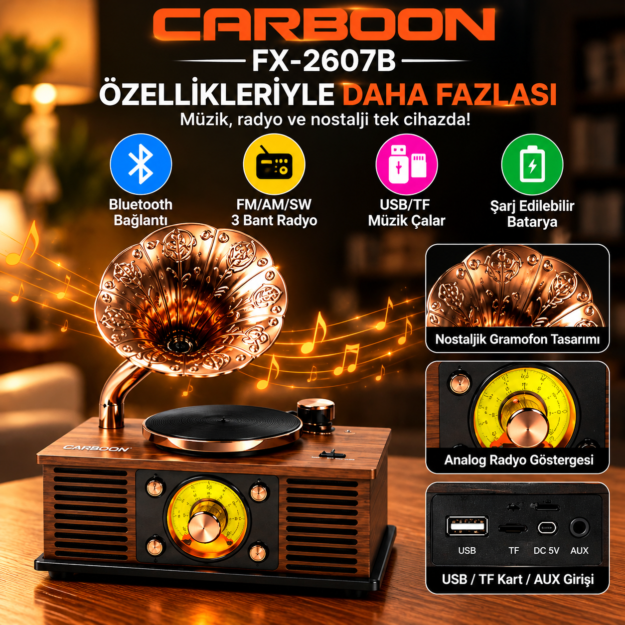 CARBOON FX-2607B Nostaljik Gramofon Tasarımlı Retro Radyo Bluetooth USB TF Kart Destekli FM AM SW 3 Bant Şarjlı Müzik Çalar